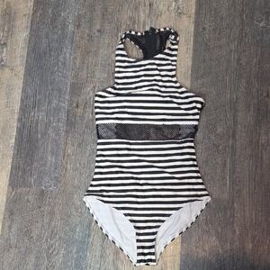 Simons Black and White Striped One Piece Swimsuit
